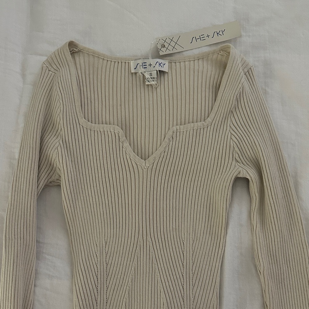 She + Sky Cream Ribbed Knit Top